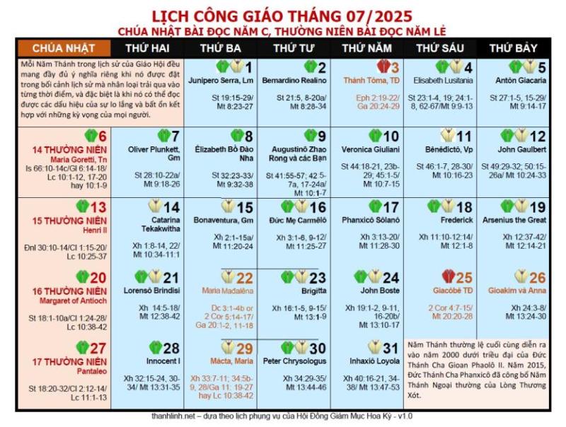 Lịch phụng vụ Giáo Phận Mỹ Tho tháng 07.2025