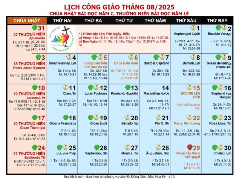 Lịch phụng vụ Giáo Phận Mỹ Tho tháng 08.2025