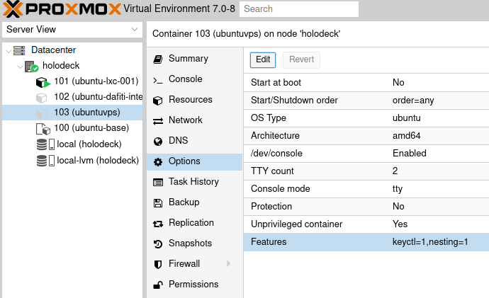 Enable nesting and keyctl on LXC container