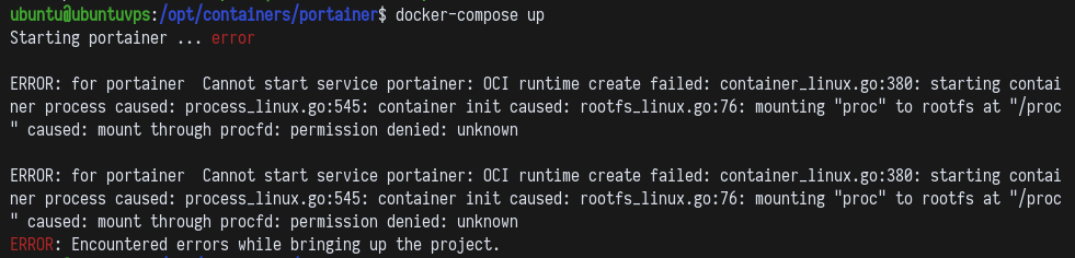 Error when trying to run docker containers needing access to the docker socket e.g. Portainer