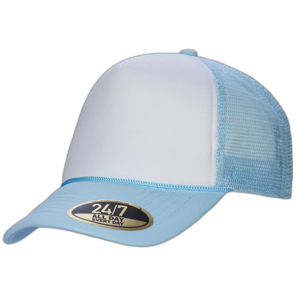 H08210 - Retro - 5-Panel Foam Snap Back Trucker Cap — White Lt Blue Profile