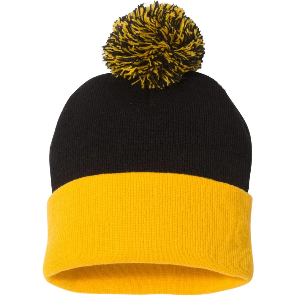 12" Pom-Pom Cuffed Beanie — Black/ Gold