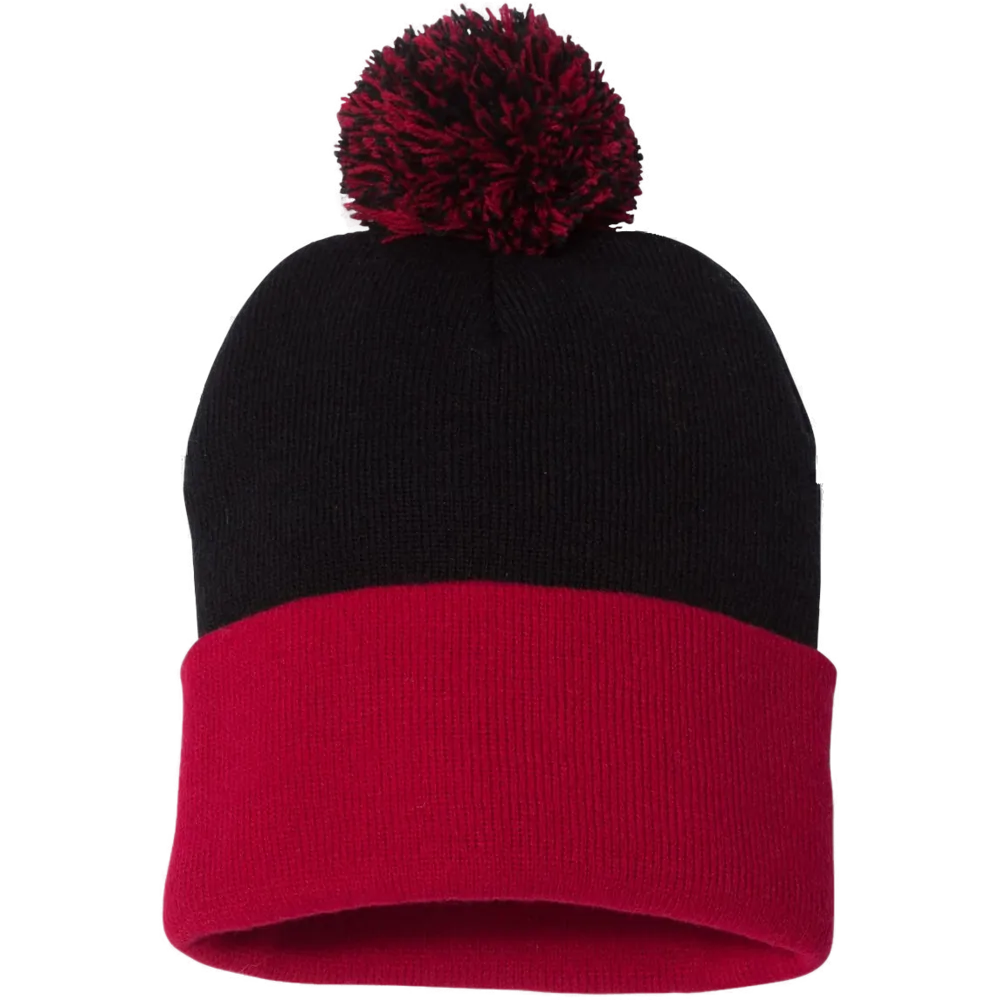 12" Pom-Pom Cuffed Beanie — Black/ Red