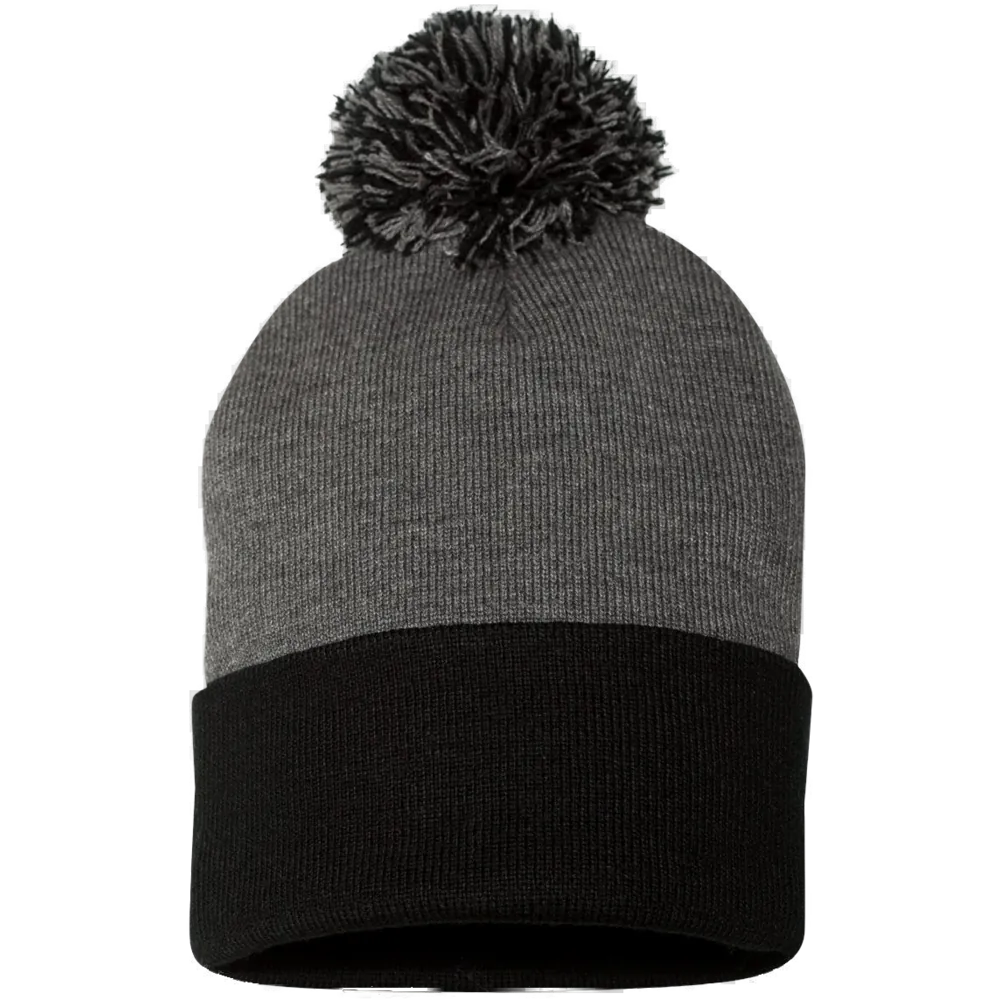 12" Pom-Pom Cuffed Beanie — Dark Heather Grey/ Black