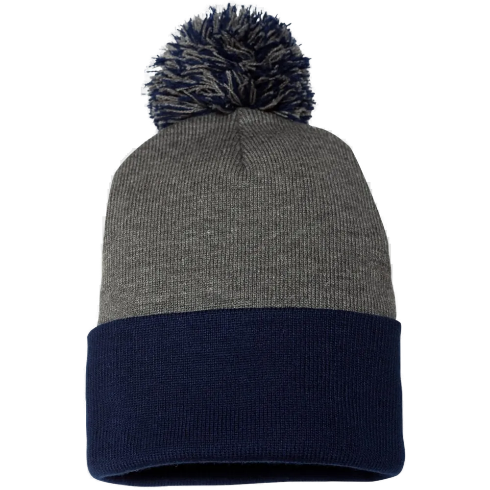 12" Pom-Pom Cuffed Beanie — Dark Heather Grey/ Navy