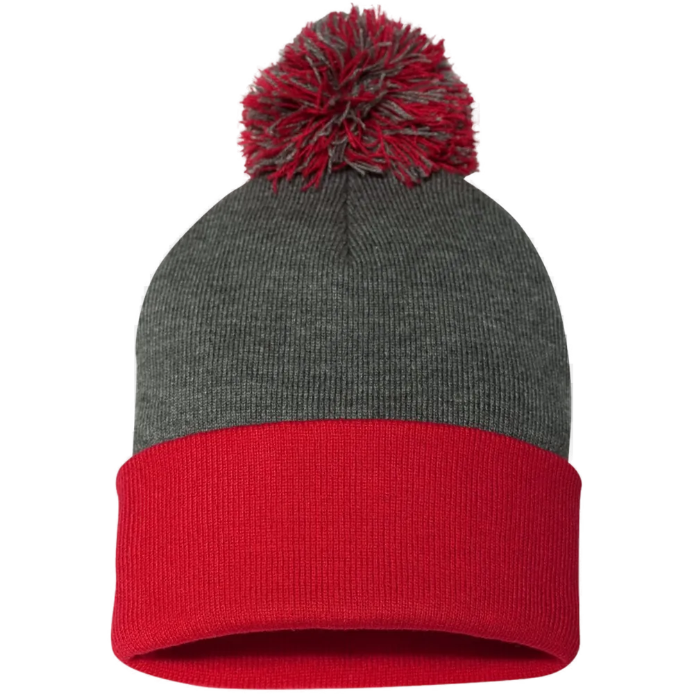 12" Pom-Pom Cuffed Beanie — Dark Heather Grey/ Red