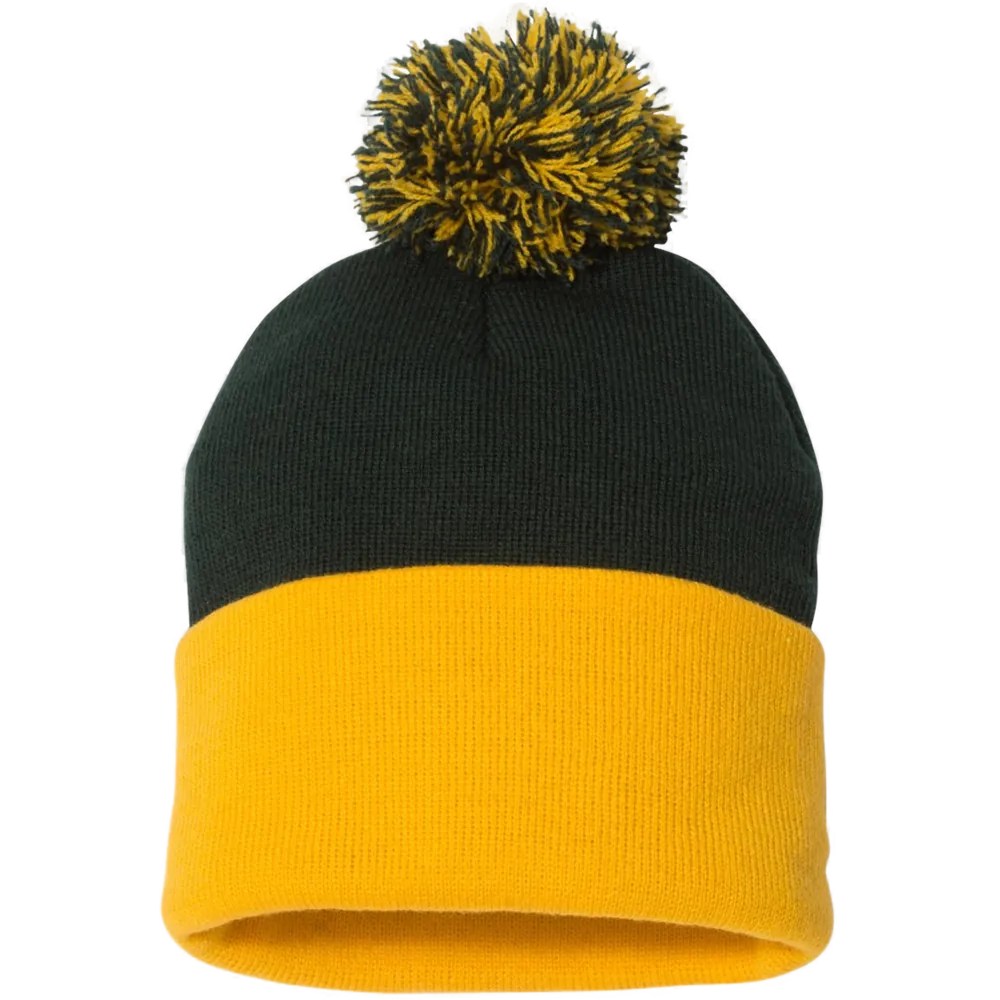 12" Pom-Pom Cuffed Beanie — Forest/ Gold