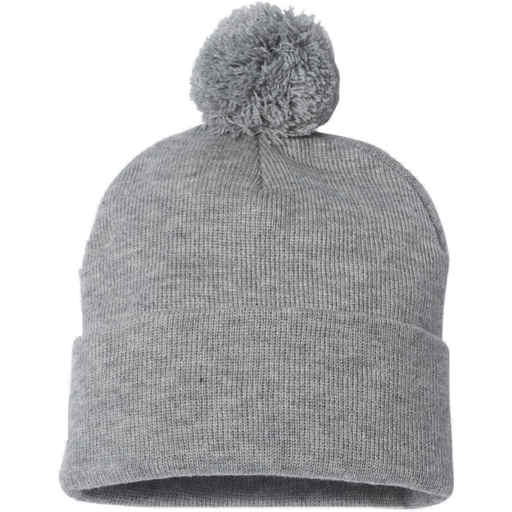 12" Pom-Pom Cuffed Beanie — Light Heather Grey