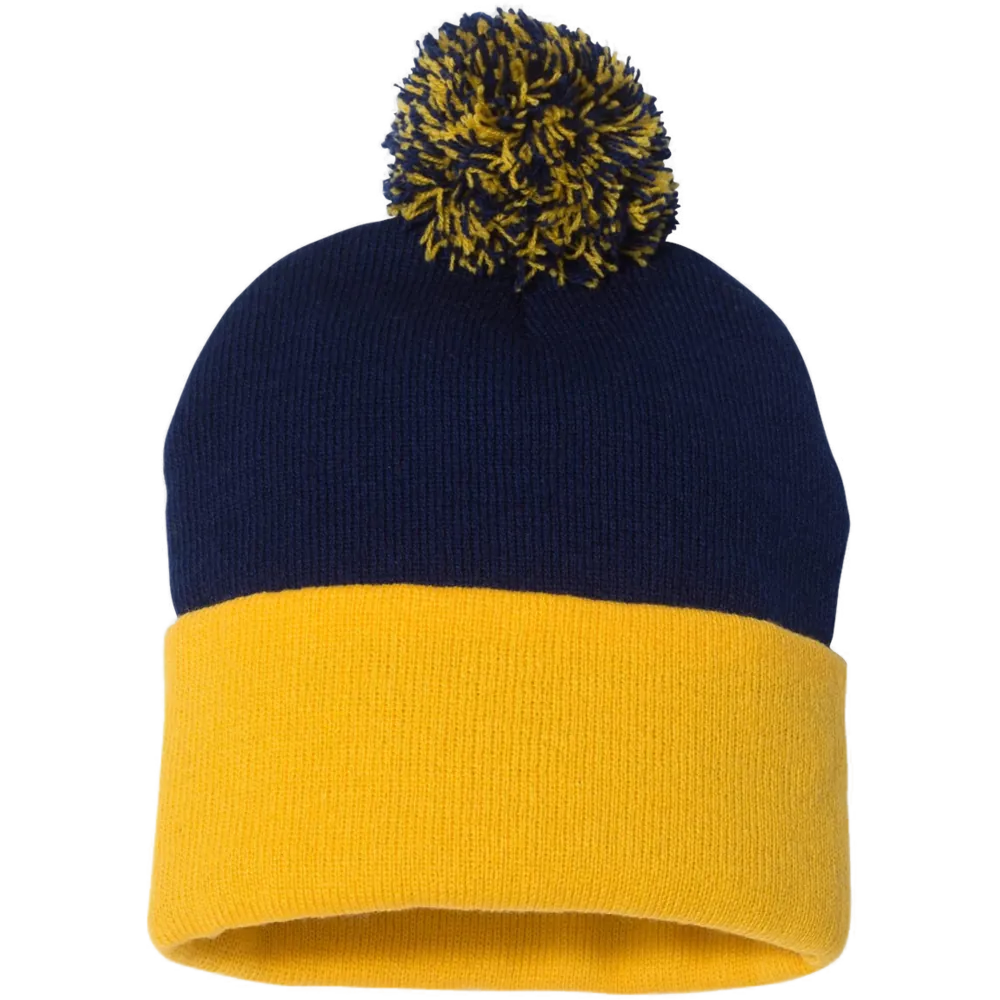 12" Pom-Pom Cuffed Beanie — Navy/ Gold