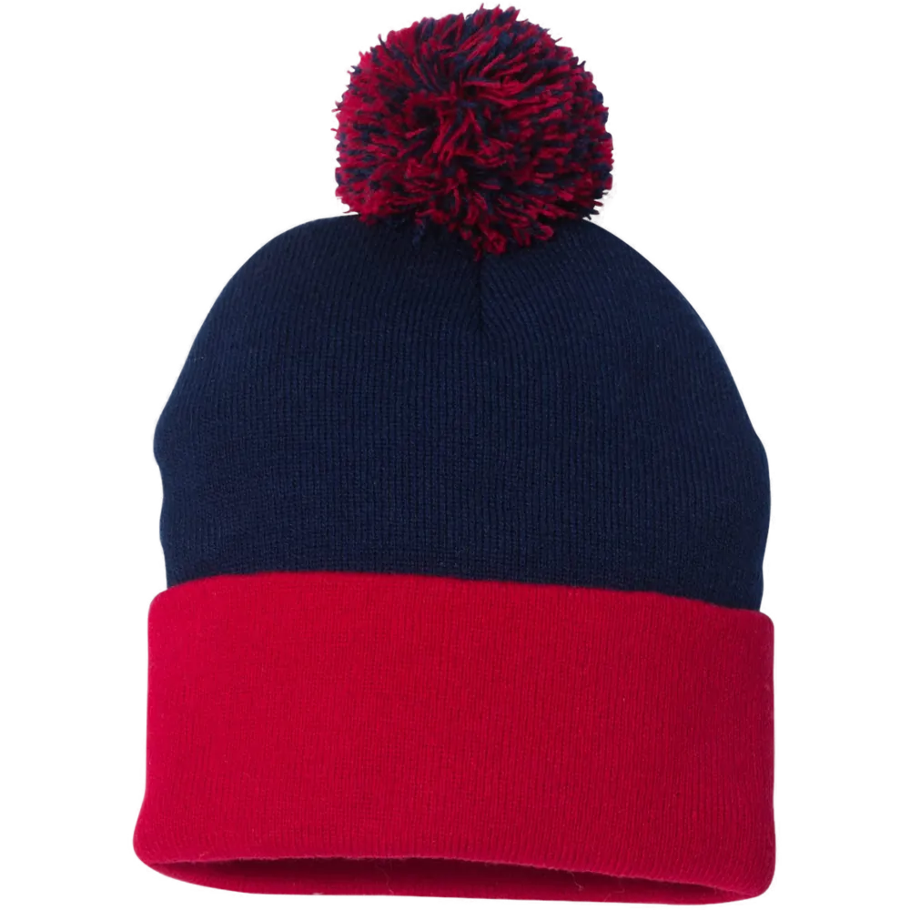 12" Pom-Pom Cuffed Beanie — Navy/ Red