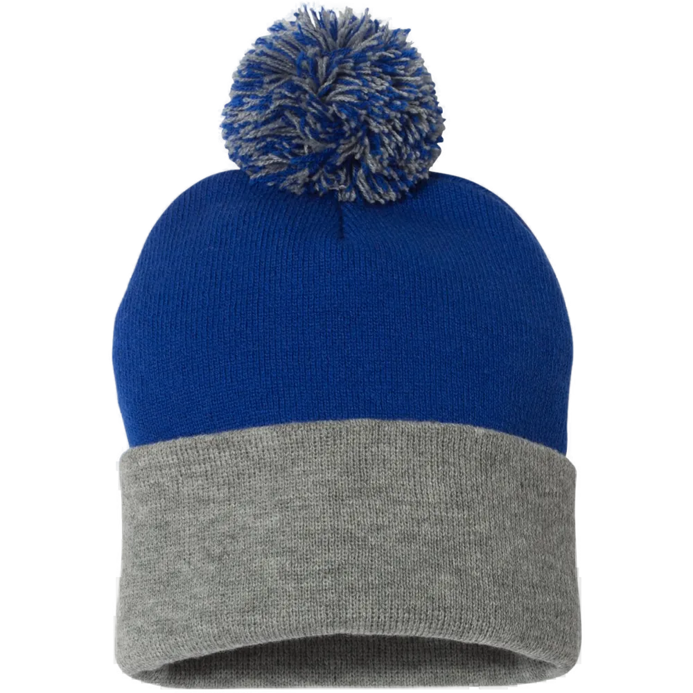 12" Pom-Pom Cuffed Beanie — Royal/ Light Heather Grey