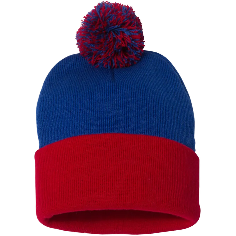 12" Pom-Pom Cuffed Beanie — Royal/ Red