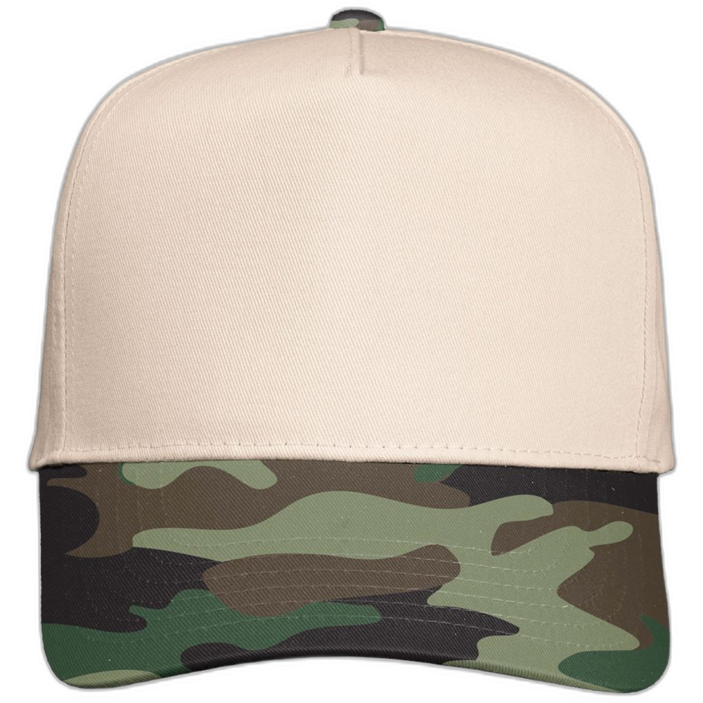 Five-Panel Twill Cap — Natural/ Camo Green
