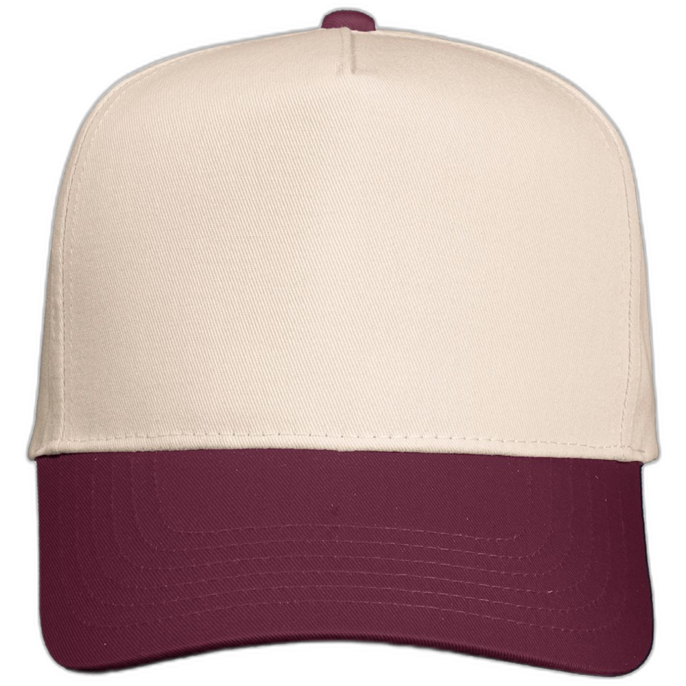 Five-Panel Twill Cap — Natural/ Maroon