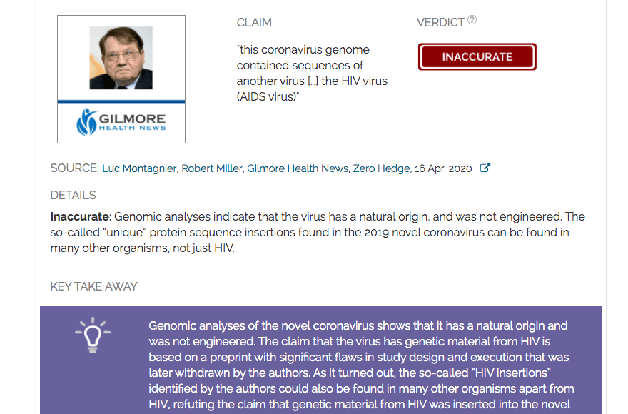 Claim by Nobel laureate Luc Montagnier that the novel coronavirus is man-made and contains hereditary material from HIV is unreliable