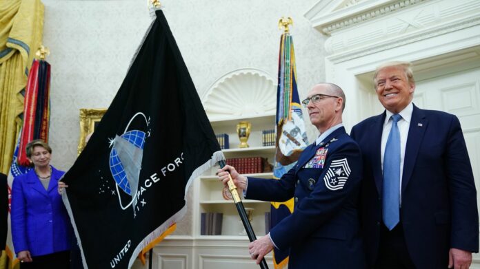 Trump, Unveiling Space Force Flag, Touts What He Calls New ‘Super-Duper Missile’