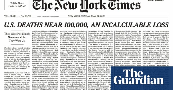 ‘Incalculable loss’: New York Times covers front page with 1,000 Covid-19 death notices
