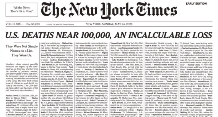 The New York Times Devotes Sunday Front Page To List Of COVID-19 Dead