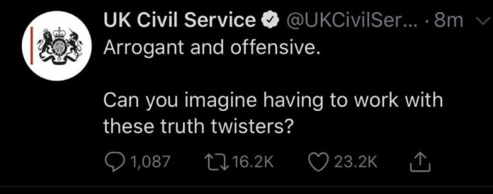 civil-service-tweet-goes-viral-arrogant-and-offensive-can-you-imagine-having-to-work-with-these-truth-twisters.jpg Civil Service Tweet Goes Viral: ‘Arrogant And Offensive. Can You Imagine Having To Work With These Truth Twisters?’