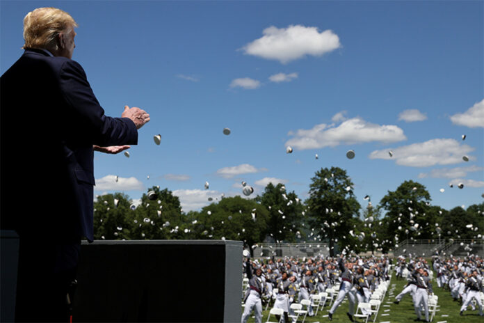 Trump defends slow ramp descent after West Point commencement speech