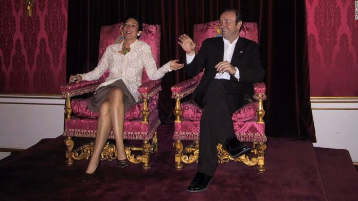 Epstein’s alleged accomplice pictured posing on British throne with Kevin Spacey