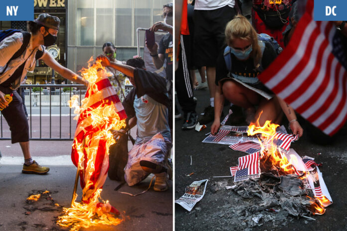 Protesters burn US flag in front of Trump Tower in NY and White House in DC while chanting ‘America was never