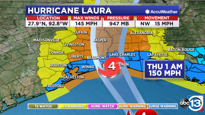 Hurricane Laura intensifies to Category 4 strength with 145 mph winds