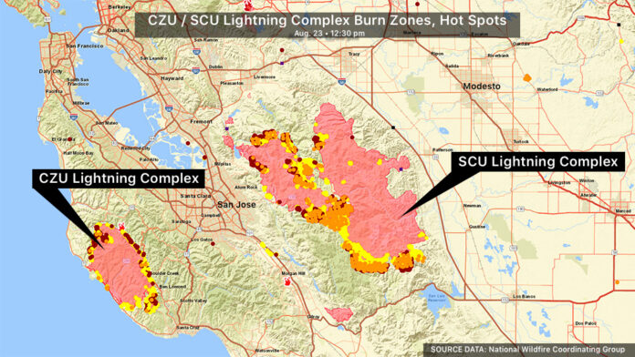 SCU / CZU Lightning Complex Wildfires Burn Zones Map & Evacuations
