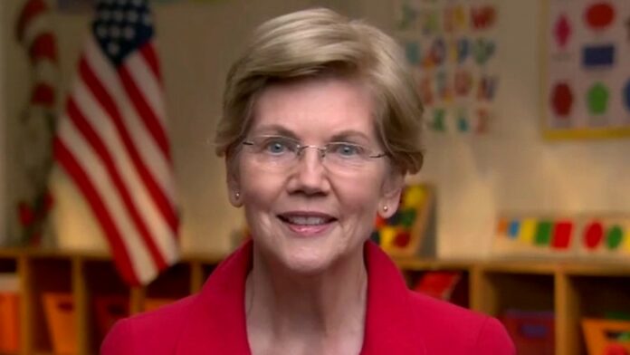 Warren’s kid-block background spells out almost-hidden message in convention speech