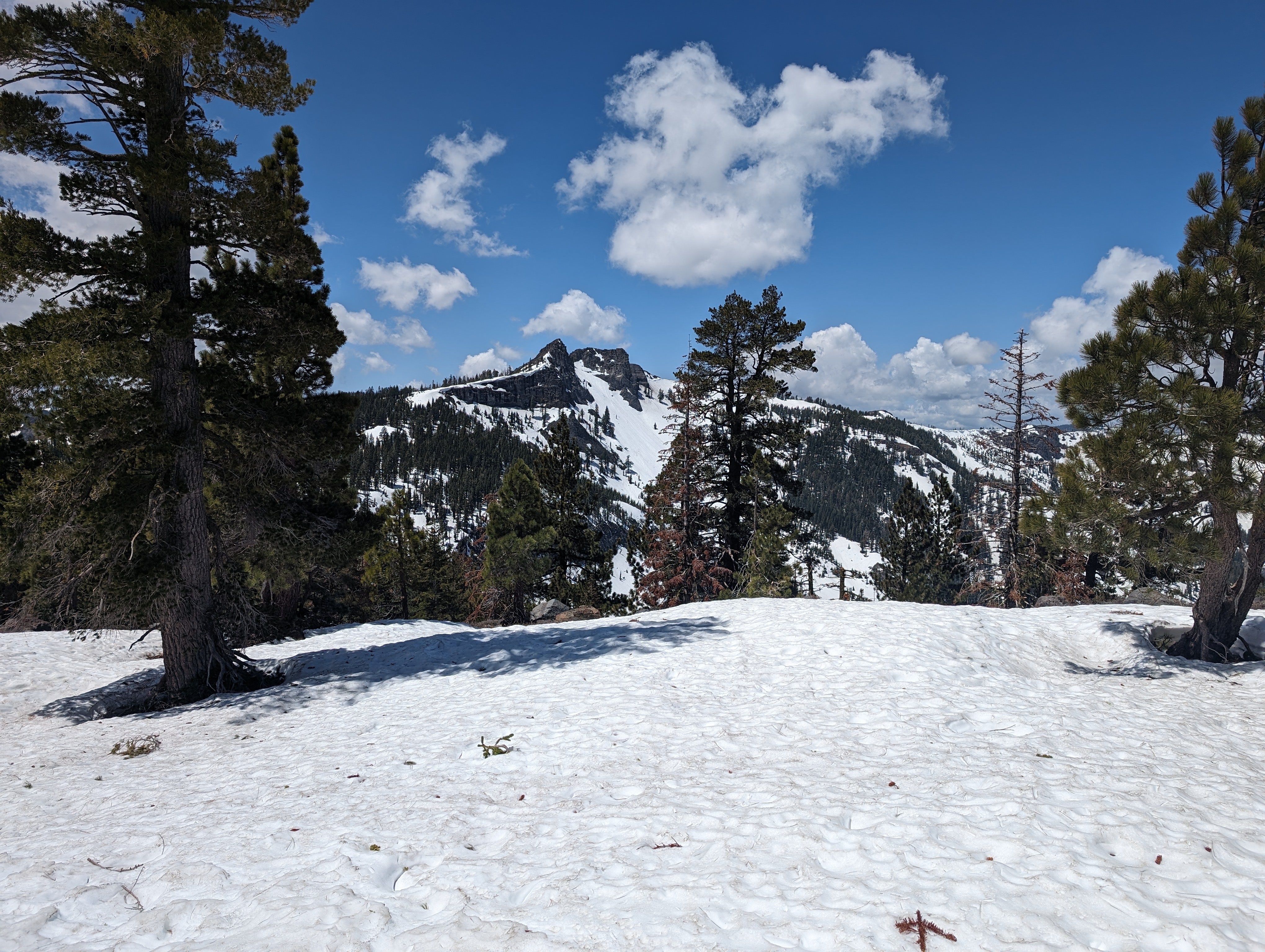 Looking back at Twin Peaks after skiing a bit